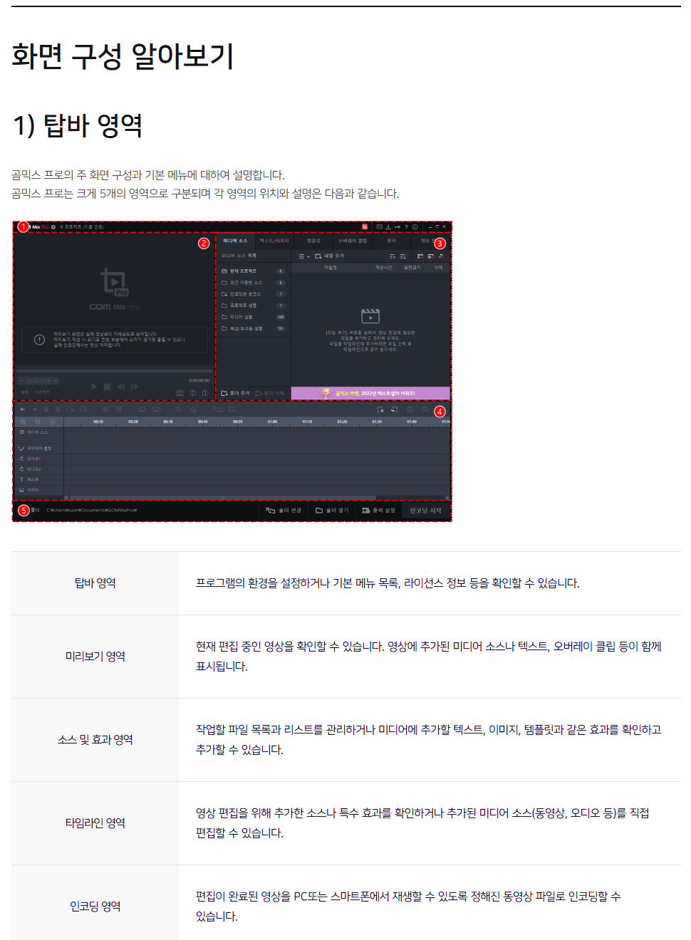 편집 화면 네 구역 캡처