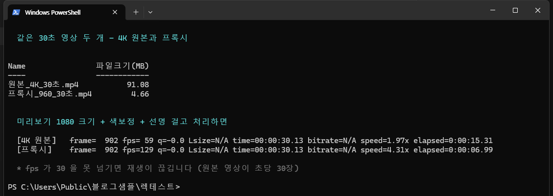 원본과 프록시를 나란히 잰 화면