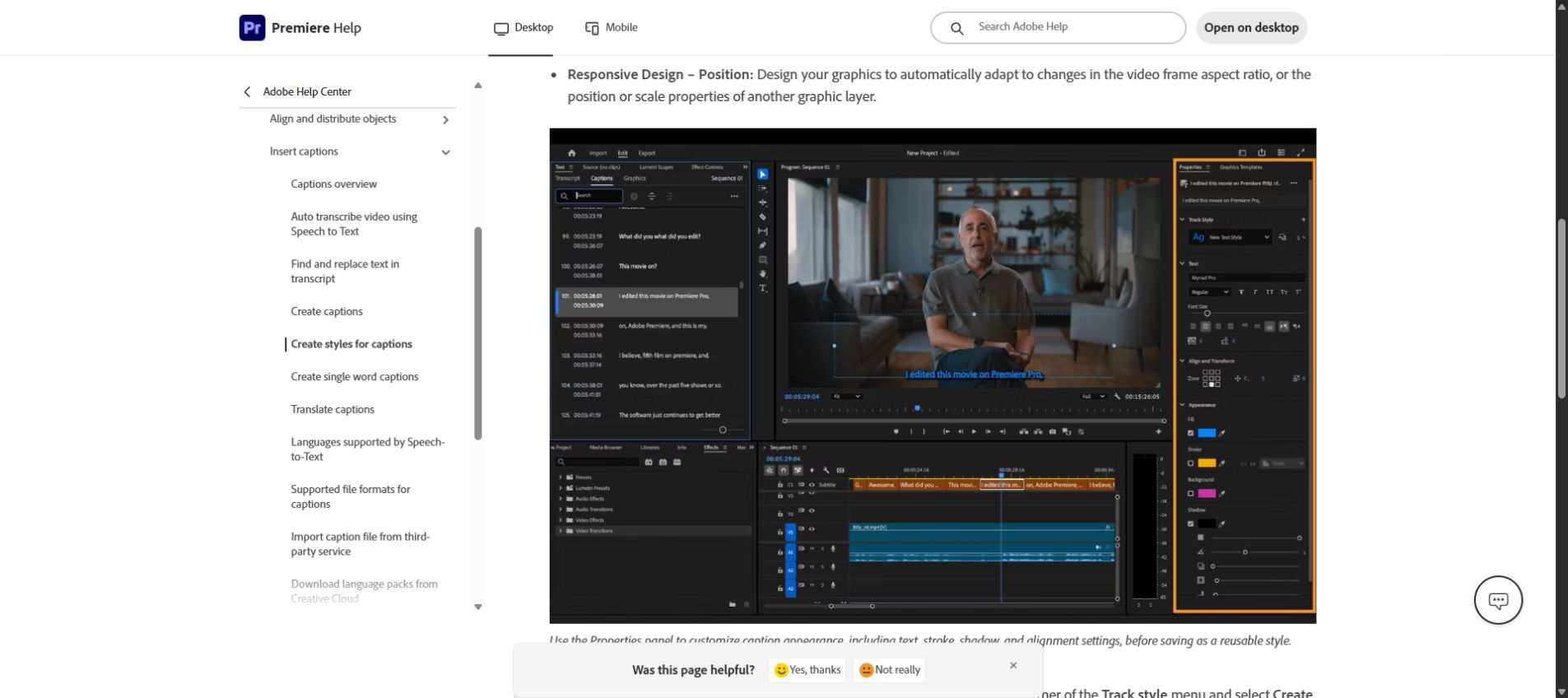 Adobe 자막 속성 패널 공식 화면