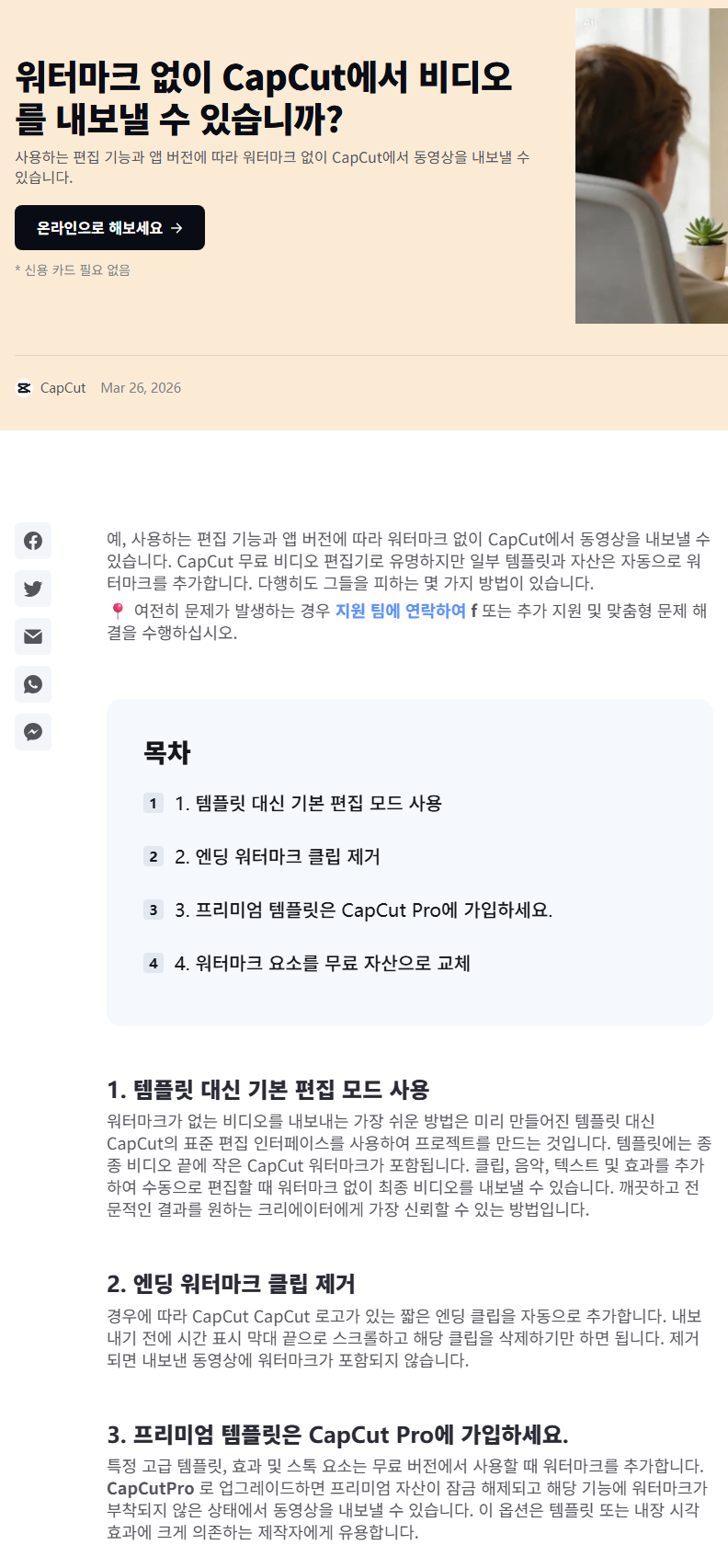 캡컷 워터마크 도움말 화면